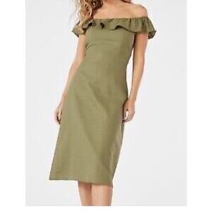 NWT JustFab Dress Linen Off or On the Shoulder Midi Olive Green Womens Sz 2X
